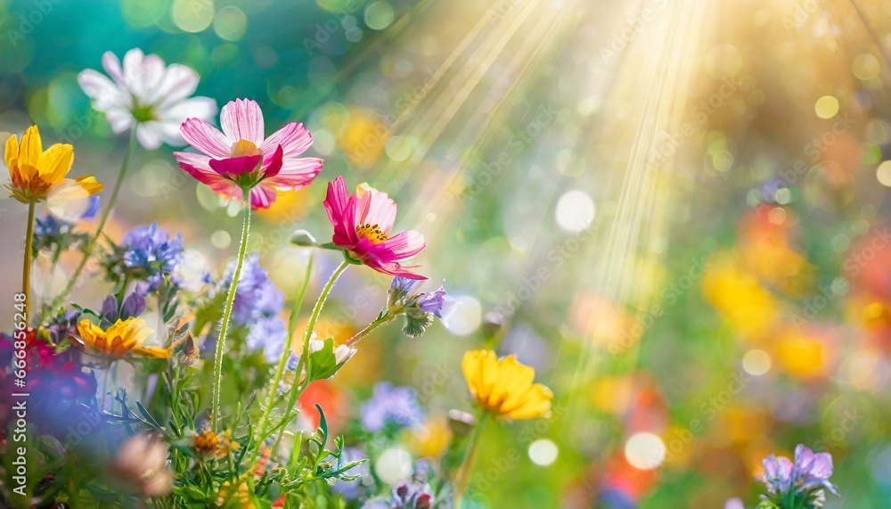 colorful flower meadow with sunbeams and bokeh lights in summer nature background banner with copy space summer greeting card wildflowers spring concept