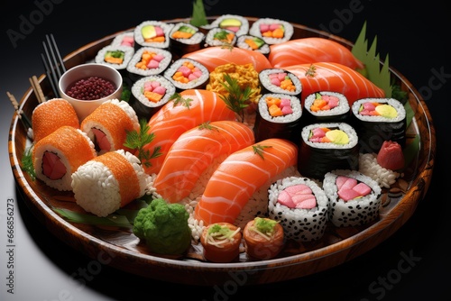 A plate of sushi with a variety of rolls and nigiri
