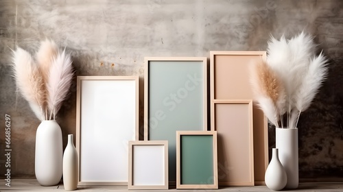 Many different wooden frames with blank canvas leaning against wall and vase with pampas grass.