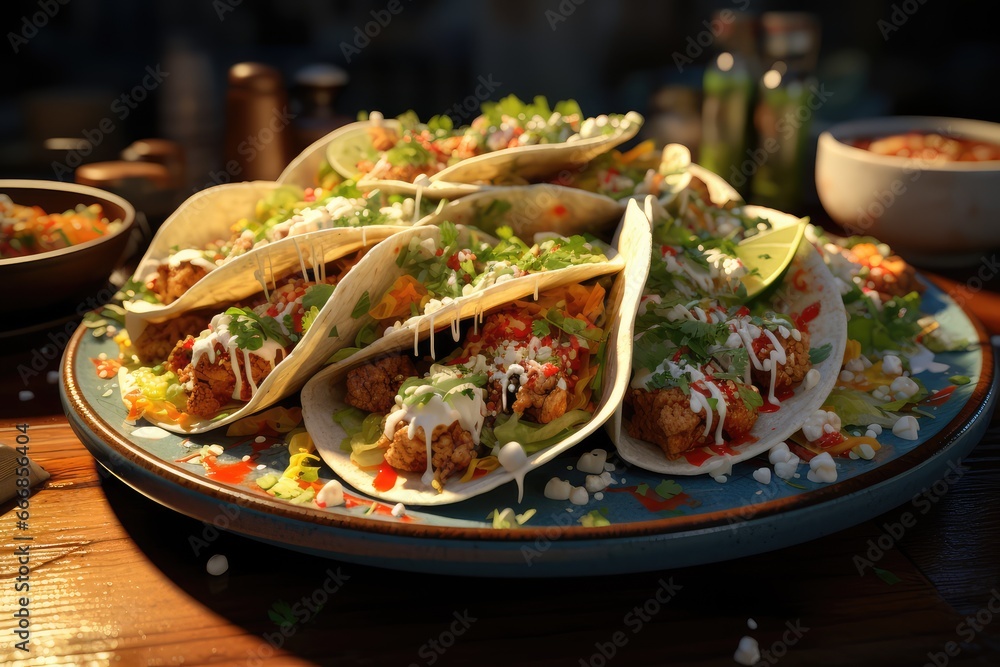 A plate of tacos with a variety of fillings, toppings, and salsas A plate of tacos with a variety of fillings, toppings, and salsas