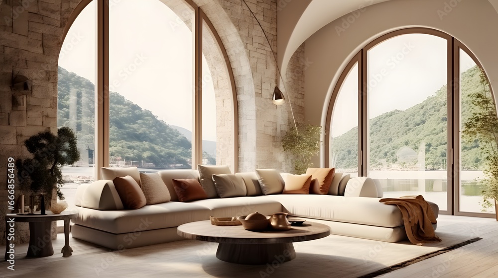 Mediterranean home interior design of modern living room. Curved sofa in room with arched window and stone tiled wall. - obrazy, fototapety, plakaty 