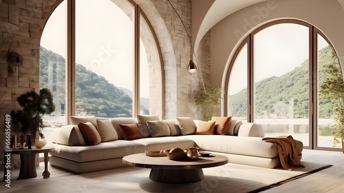 Mediterranean home interior design of modern living room. Curved sofa in room with arched window and stone tiled wall. © Lucky Ai
