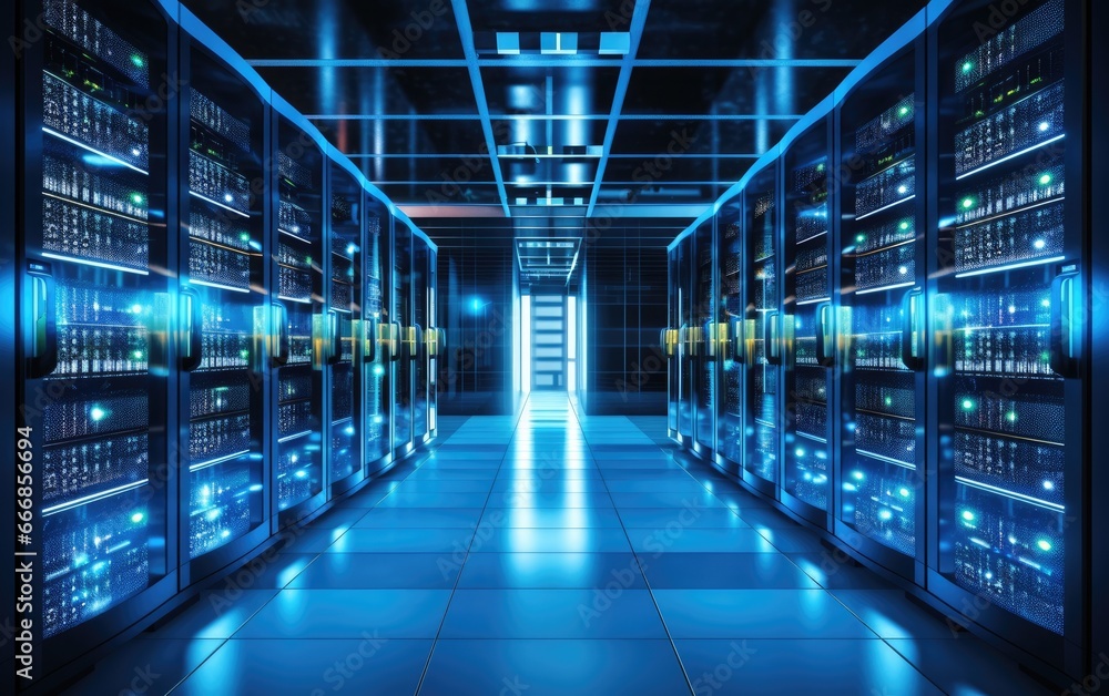 A modern data center with racks of servers, cooling systems A modern data center with racks of servers, cooling systems