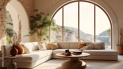 Mediterranean home interior design of modern living room. Curved sofa in room with arched window and stone tiled wall.