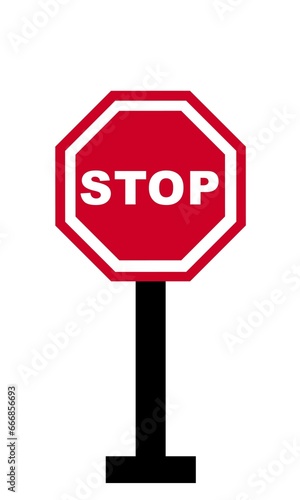 Octagonal red stop highway sign with pole isolated white background