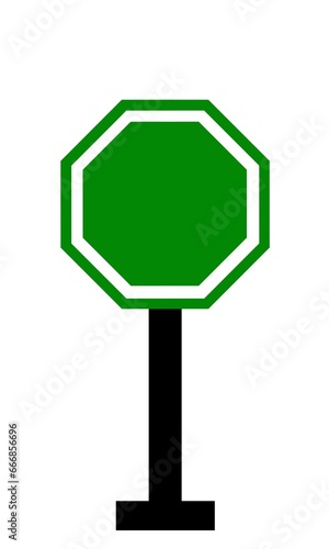 Illustration of a blank octagonal green road sign with poles and a white background