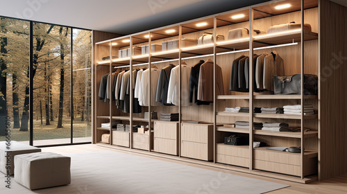 Minimal scandinavian wood walk in closet with wardrobe Minimal scandinavian wood walk in closet with wardrobe