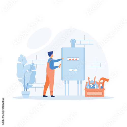 Plumber worker repairs broken water heater. flat vector modern illustration 