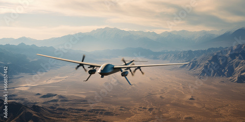 A military drone surveils a vast, barren desert.