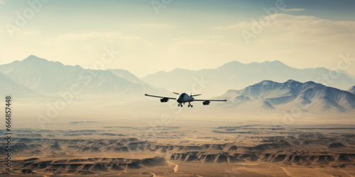 A military drone surveils a vast  barren desert.