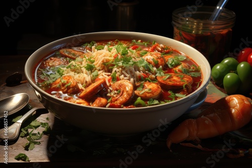 A bowl of gumbo with shrimp, chicken, and sausage