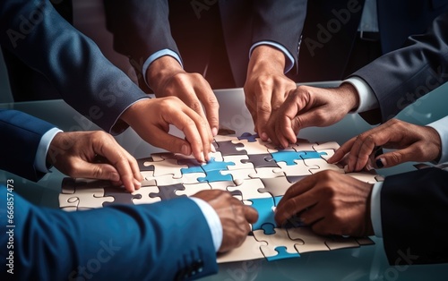 Business people hands joining puzzle pieces in the office photo