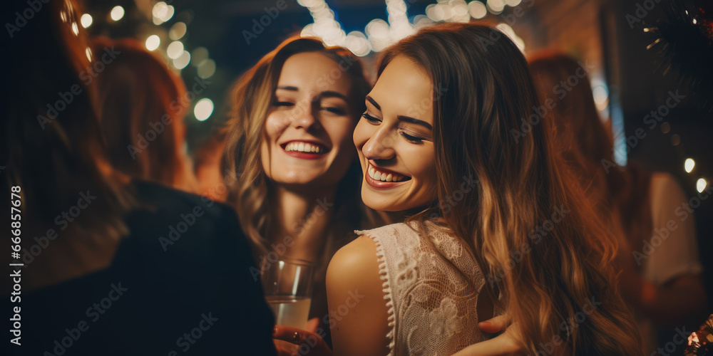 Two joyful women in dresses embrace at a lively party.