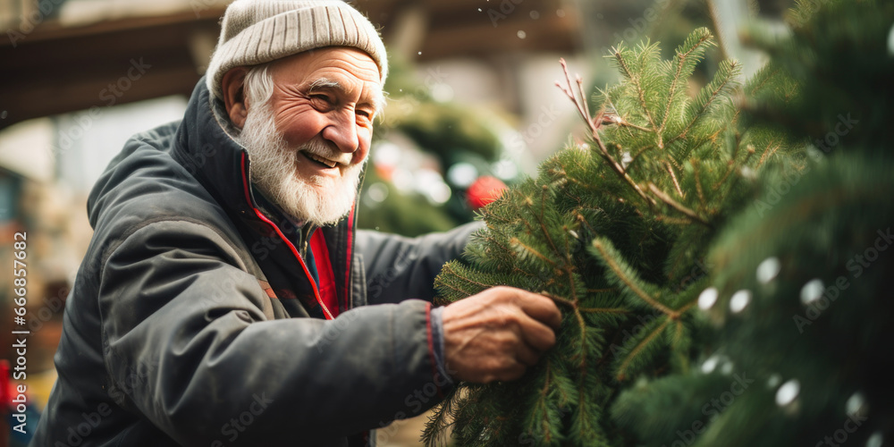 Elderly man selecting a perfect Christmas tree.