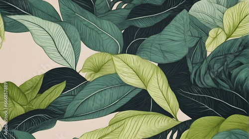Minimalist green leaves wallpaper background with canvas texture