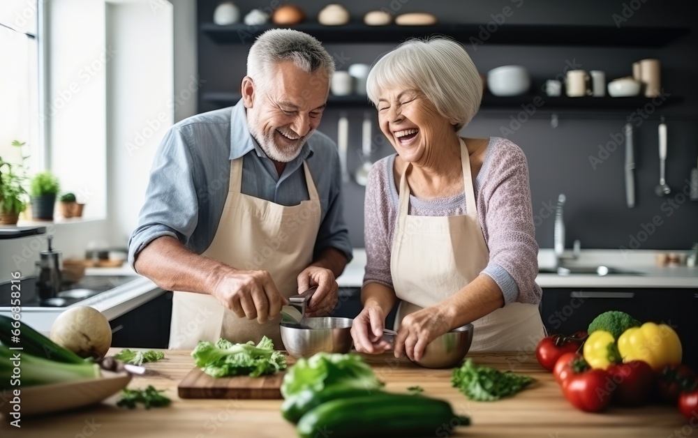 Happy smiling elderly couple cooking together in the kitchen