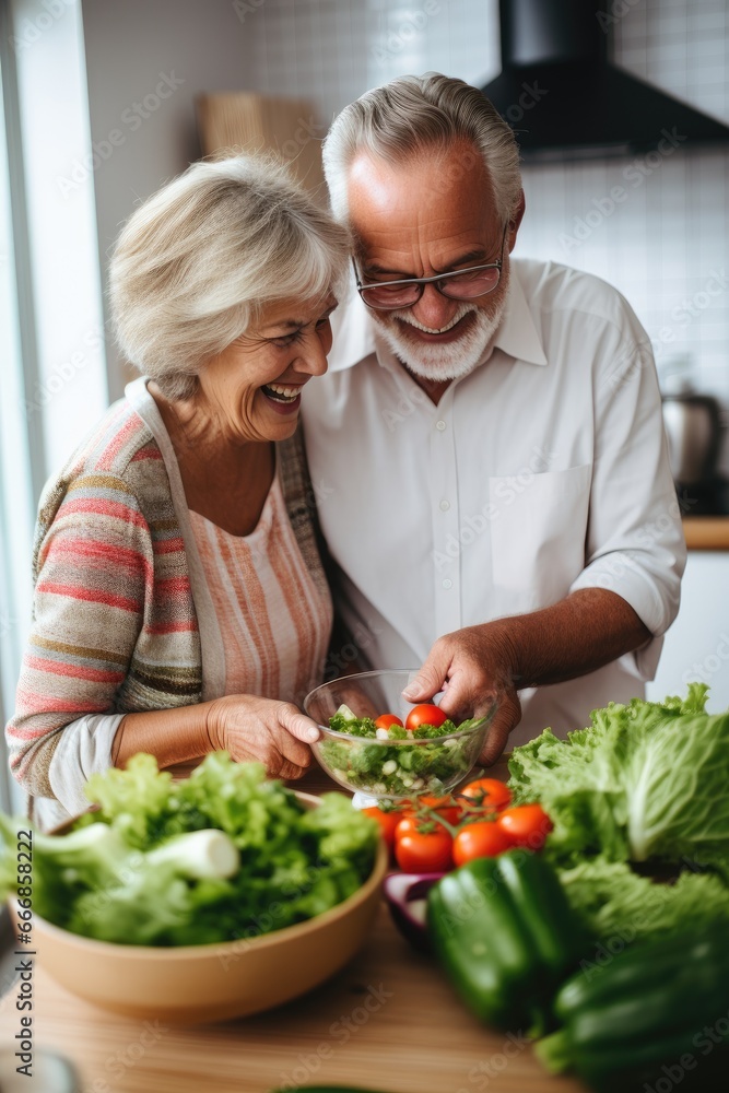 Happy smiling elderly couple cooking together in the kitchen Happy smiling elderly couple cooking together in the kitchen