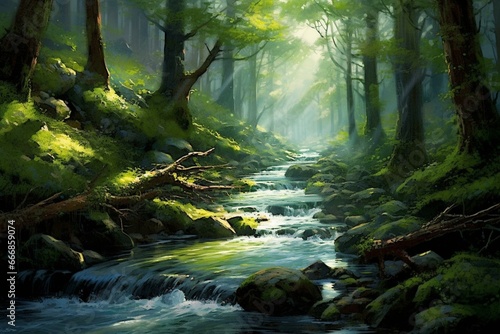 Nature scene featuring a flowing stream surrounded by lush trees. Generative AI