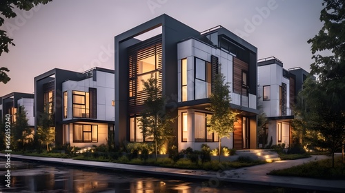 Modern modular private townhouses. Residential minimalist architecture exterior. Created with generative Ai photo