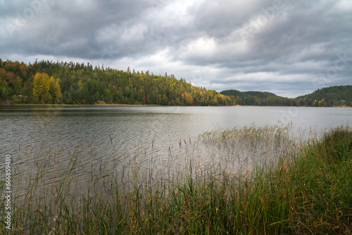 Lake Ladoga near the village Lumivaara on a sunny autumn day  Ladoga skerries  Lakhdenpokhya  Republic of Karelia  Russia