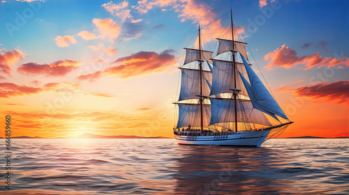 Big sailing ship at sunset sailing through the sea with a blue and orange sky on the background. Large sailing yacht sailing on bright sunny day with clear calm water. Sail vessel in transparent water © Ziyan Yang