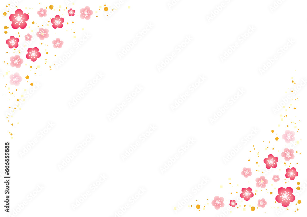 左上と右下を濃いピンクの梅の花で飾ったフレーム-横型