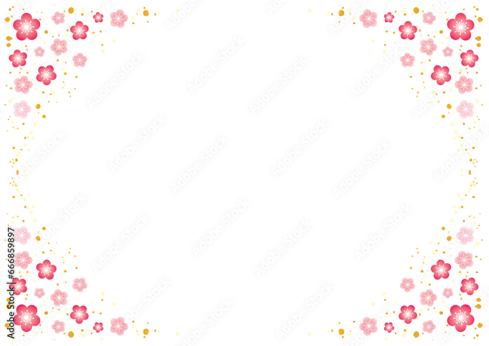 四角を濃いピンクの梅の花で飾ったフレーム-横型