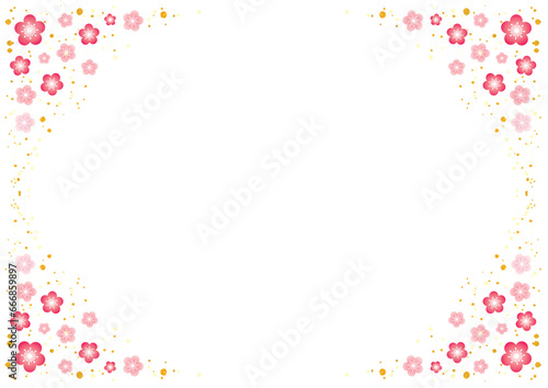 四角を濃いピンクの梅の花で飾ったフレーム-横型