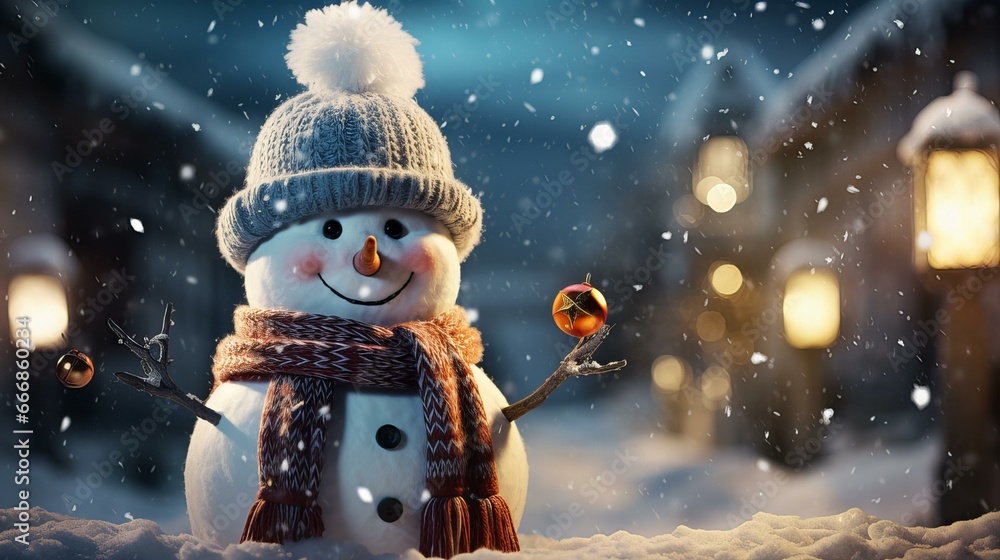 Snowman Dressed in a carrot nose, top hat, and scarf, symbol of Christmas and New Year's celebrations. Snowman Dressed in a carrot nose, top hat, and scarf, symbol of Christmas and New Year's celebrations.