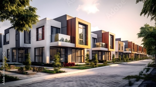Modern modular private townhouses. Residential minimalist architecture exterior. Created with generative Ai