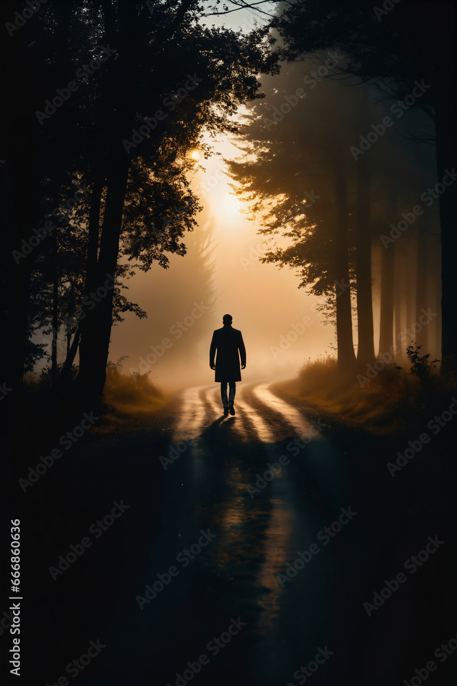 Man walking on the road in the misty forest at sunrise. Man walking on the road in the misty forest at sunrise.