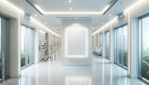 Clean hospital corridor, contemporary design. A blank space on the wall stands out, allowing for ad or branding. Medical insurance concept. Ai generative