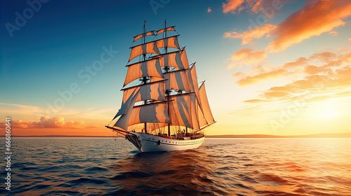 Big sailing ship at sunset sailing through the sea with a blue and orange sky on the background. Large sailing yacht sailing on bright sunny day with clear calm water. Sail vessel in transparent water
