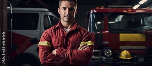 A fireman stands confidently by a fire engine arms crossed in a fire department garage looking at a camera