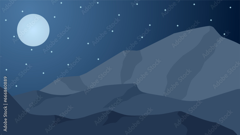 Fototapeta premium Mountain in the night landscape vector illustration. Silhouette of mountain range in the night with starry sky. Mountain landscape for background, wallpaper or landing page