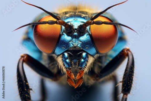 a detailed view of an insect's head and wings, blue and orange in color, set against a white background with a striking black border around its eyes and lower face. Generative AI © Ronald