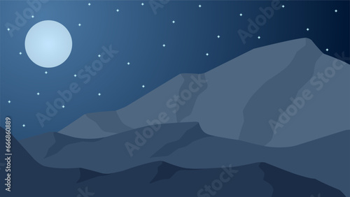 Mountain in the night landscape vector illustration. Silhouette of mountain range in the night with starry sky. Mountain landscape for background, wallpaper or landing page