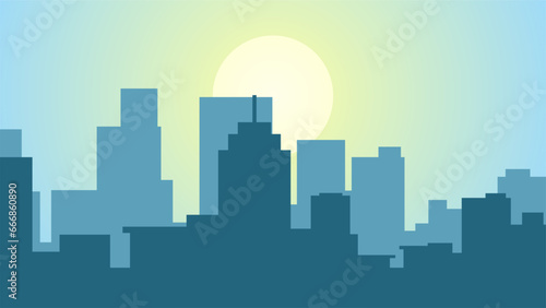 City in the morning landscape vector illustration. Urban silhouette of skyline building in the morning with clear sky. Cityscape landscape for background, wallpaper or landing page