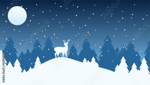 Winter in the night landscape vector illustration. Winter background with reindeer and pine forest at the snow hill. Silhouette of cold season landscape for background or wallpaper