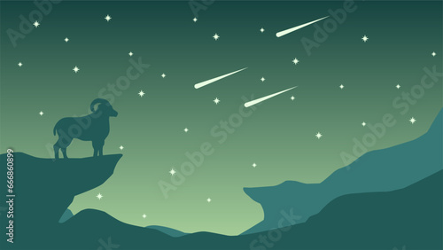 Wildlife in the night landscape vector illustration. Silhouette of ram in the night with starry sky and shooting stars. Wildlife landscape for background, wallpaper or landing page