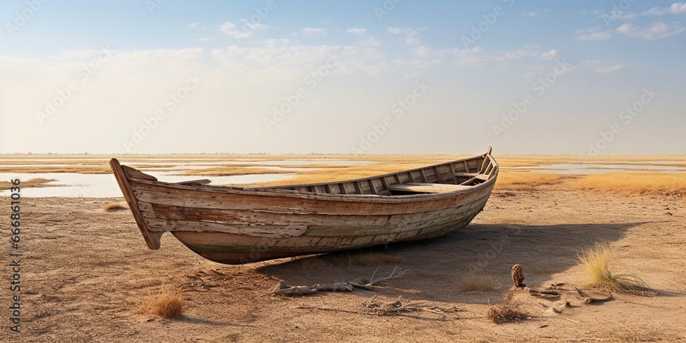 A traditional Marsh Arab canoe known as a Mashoof abandoned on the dry earth of the southern marshes of Iraq during a harsh summer drought caused by climate change and political instab : Generative AI A traditional Marsh Arab canoe known as a Mashoof abandoned on the dry earth of the southern marshes of Iraq during a harsh summer drought caused by climate change and political instab : Generative AI