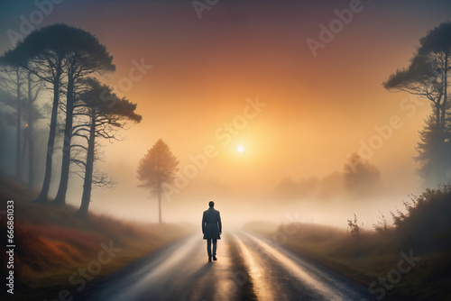 Man walking on the road in the misty forest at sunrise.
