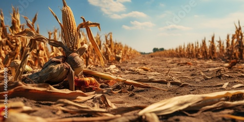 Corn plants wilting and dead in cornfield. Herbicide damage, drought and hot weather concept : Generative AI photo