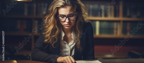 Distraught female lawyer studying legal text at the office