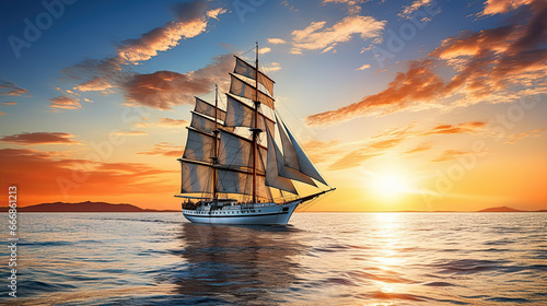 Big sailing ship at sunset sailing through the sea with a blue and orange sky on the background. Large sailing yacht sailing on bright sunny day with clear calm water. Sail vessel in transparent water photo