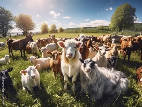 Lots of farm animals on the pasture : Generative AI photo