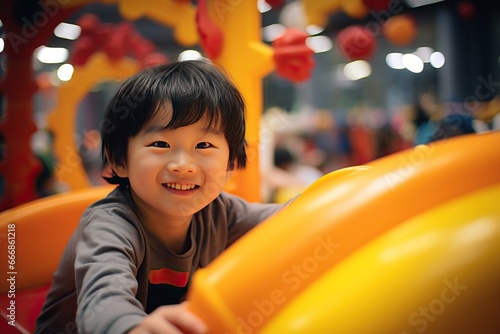 Asian korean little boy playing at indoor playground