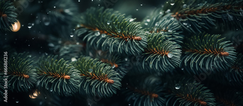 Christmas tree outdoor with snow falling, lights bokeh around,light night blur bokeh on christmas tree background