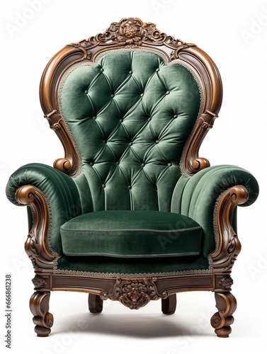 Luxurious, antique green armchair on a white, isolated background. Old, palace furniture. Side view. : Generative AI