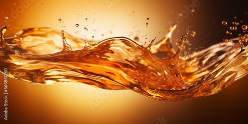 Liquid golden splash texture, abstract beverages background. Whisky, rum, cognac, tea or oil. : Generative AI photo